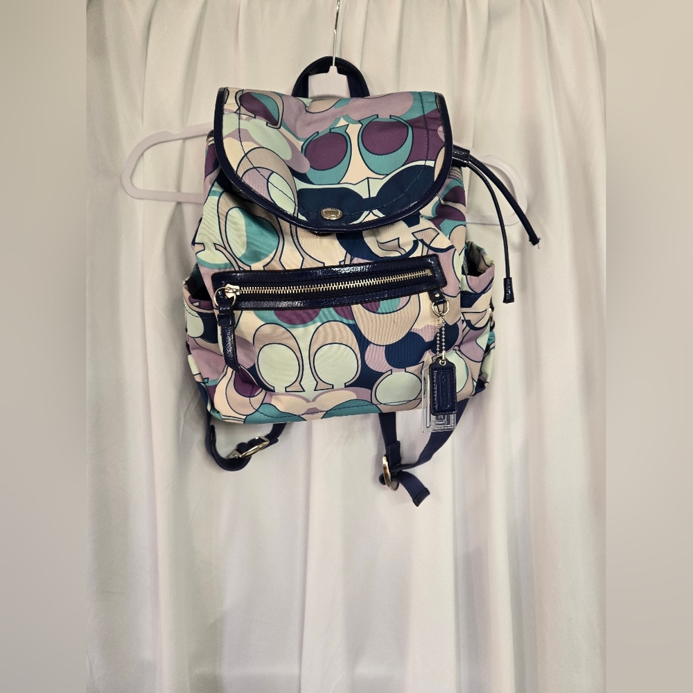 Coach Signature Circle Print Backpack in Purple, Teal, Cream